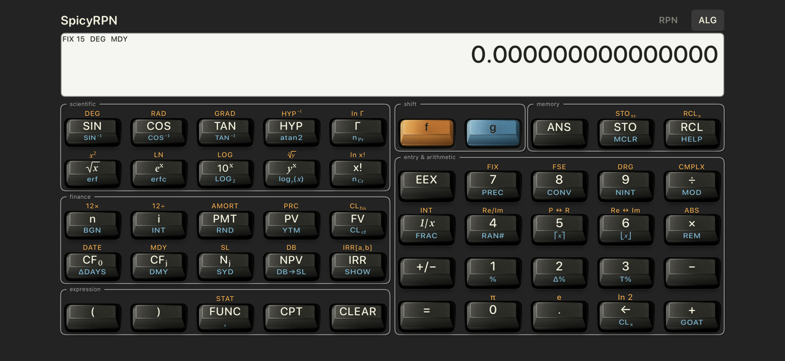 SpicyRPN landscape ALG keyboard with scientific and financial panels
